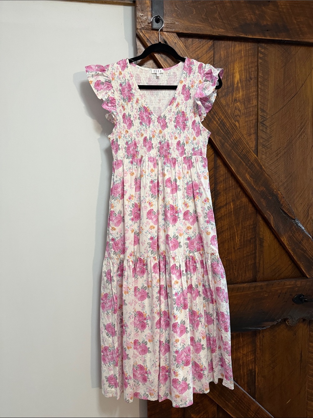 TCEC White Maxi Dress with Pink Floral Print and Ruffle Sleeves